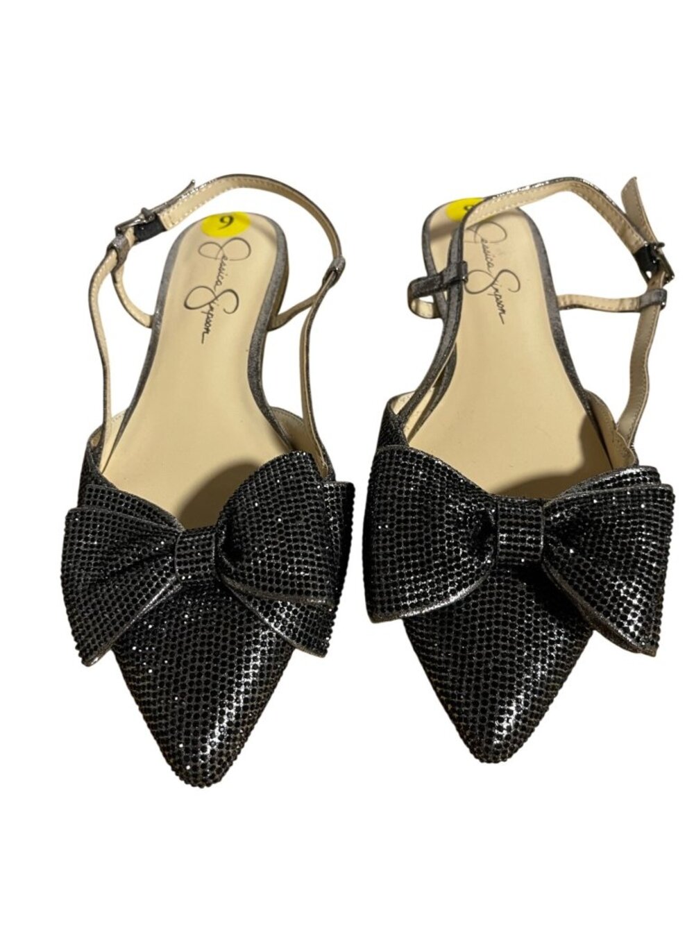 Jessica Simpson Chorla Bow Flats Size 9 M Pointed Slingback Black Shimmer